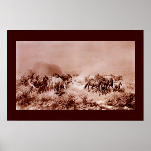 Póster CABALLOS PASTANDO Marrón Antiguo ,Sepia