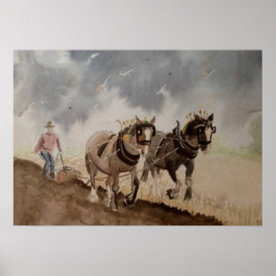 Póster Caballos Pesados Arando bajo un Cielo Pesado
