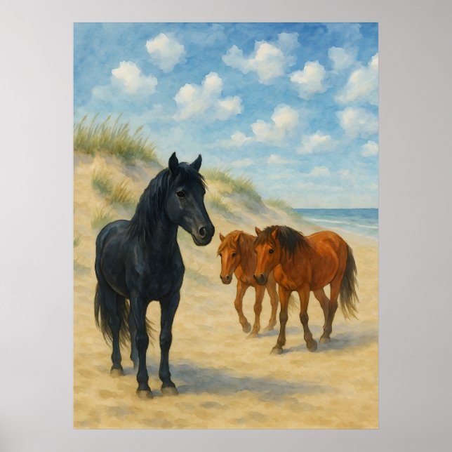 Póster Caballos Salvajes de Corolla North Carolina Acuare (Frente)