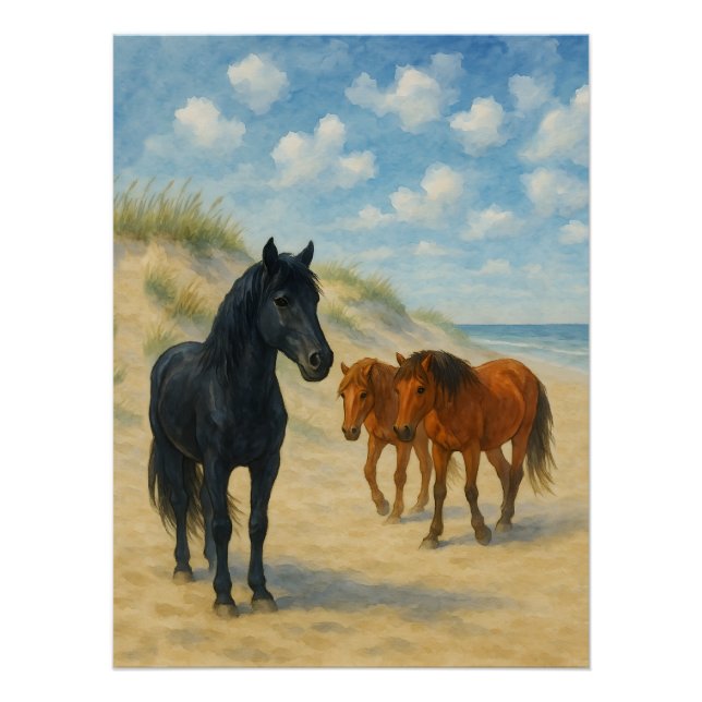 Póster Caballos Salvajes de Corolla North Carolina Acuare (Anverso)