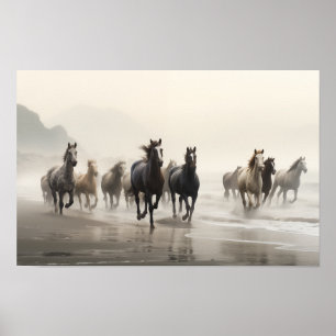 Póster Caballos salvajes en una playa nublada