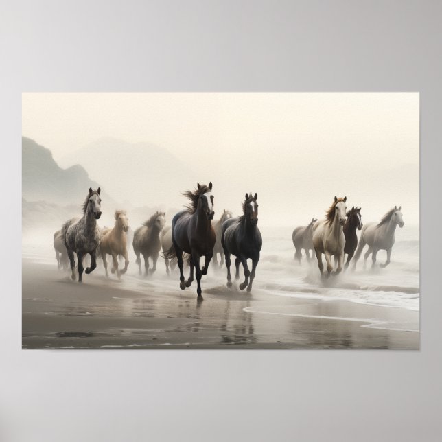 Póster Caballos salvajes en una playa nublada (Frente)