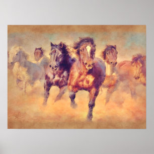 Póster Caballos Salvajes Mustang Galopan Acuarela