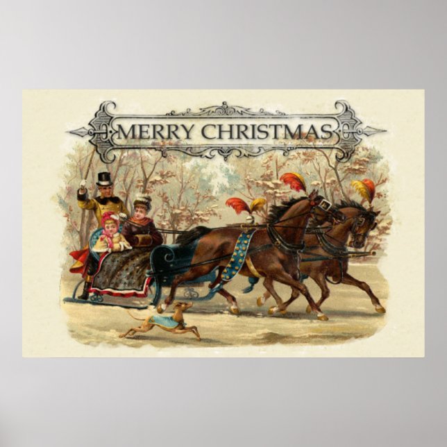 Póster Caballos vintage de Navidad diversión de vacacione (Frente)