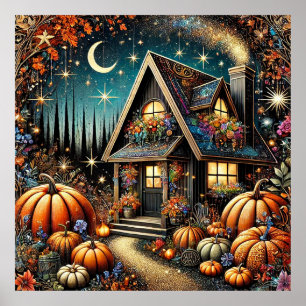 Póster Cabaña Acogedora Calabazas Festivas Otoño