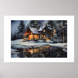 Póster Cabaña acogedora de invierno nocturno