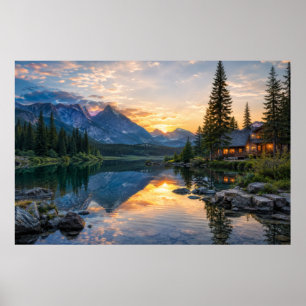 Póster Cabaña acogedora en el lago de reflexión prístino