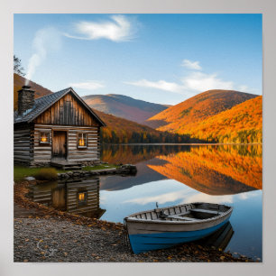 Póster Cabaña acogedora otoño reflejo del lago