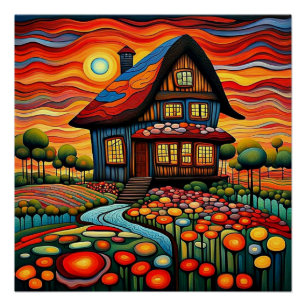 Póster Cabaña al atardecer