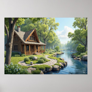 Póster Cabaña al lado del río en el bosque