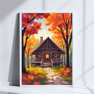 Póster Cabaña   Aquarela de bosque con follaje de otoño