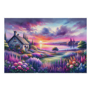 Póster Cabaña Atardecer Pastel Jardín junto al Lago Paisa