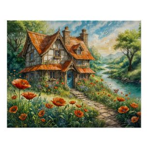 Póster Cabaña caprichosa con flores de amapola