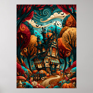 Póster Cabaña caprichosa de Halloween en el bosque de oto