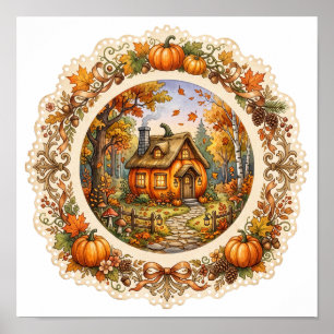 Póster Cabaña de Calabaza Cosecha Vintage Otoño