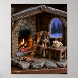 Póster Cabaña de invierno acogedora con chimenea rugiente