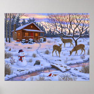 Póster Cabaña de invierno ciervo en la escena de Navidad 