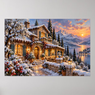 Póster Cabaña de lago en montaña nevada al atardecer dora