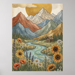Póster Cabaña de Montaña Celestial Boho Río Girasol