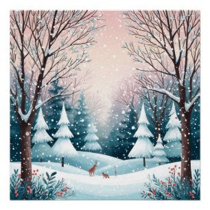 Póster Cabaña de Navidad nevada con árbol brillante