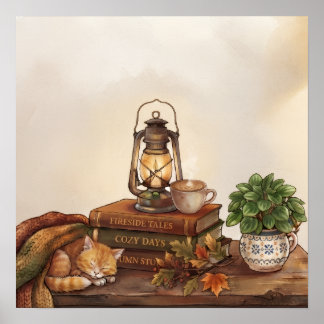 Póster Cabaña de otoño Hygge, gatito durmiendo y café hum