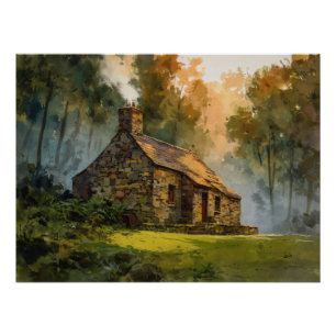 Póster Cabaña de Piedra del Bosque Encantado Arte