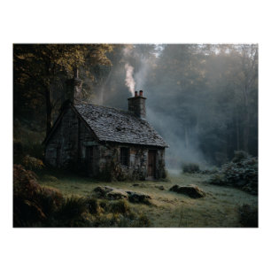 Póster Cabaña de Piedra en Bosque Brumoso Imprimir