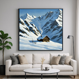 Póster Cabaña en las Montañas Nevadas - Estilo de Paisaje