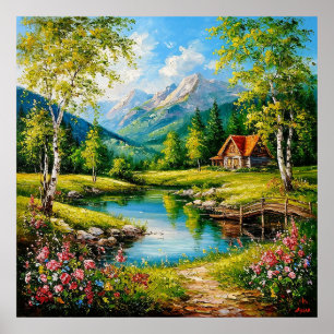 Póster Cabaña idílica junto a un arroyo en una montaña vi