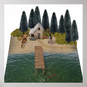 Póster Cabaña junto a la playa con muelle