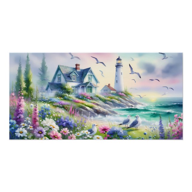 Póster Cabaña junto al mar y faro en acuarela (Anverso)