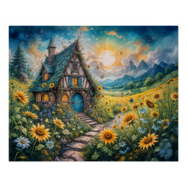 Póster Cabaña mágica con campo de girasol