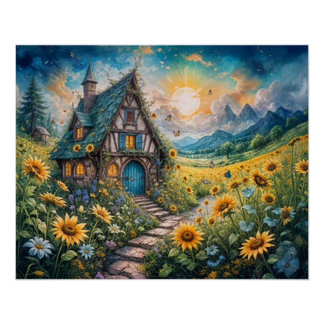 Póster Cabaña mágica con campo de girasol (Anverso)
