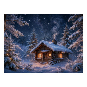 Póster Cabaña mágica de noche de invierno en el bosque
