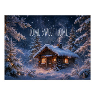 Póster Cabaña mágica de noche de invierno en el bosque
