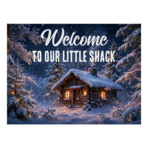 Póster Cabaña Mágica de Noche de Invierno en el Bosque