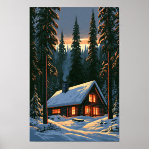 Póster Cabaña navideña vintage en la nieve