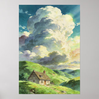 Póster Cabaña Refugio Rústico Bajo las Nubes de Verano