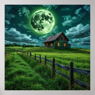 Póster Cabaña Rústica Bajo Luna Brillante