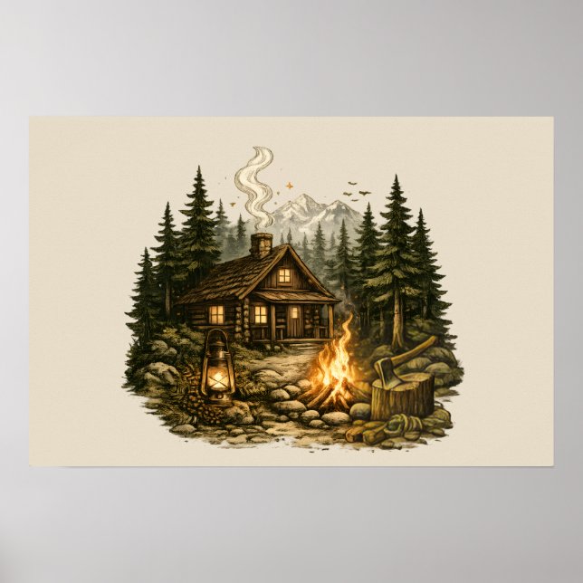 Póster Cabaña Rústica en el Bosque con Fuego de Campament (Frente)