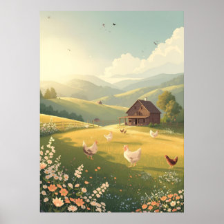 Póster Cabaña Rústica en el Campo con Flores Silvestres 