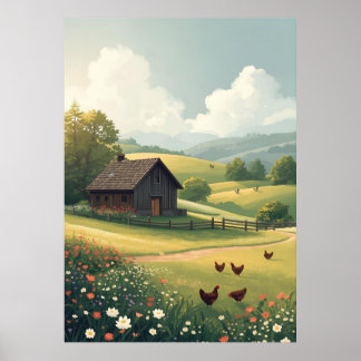 Póster Cabaña Rústica en el Campo con Flores Silvestres 