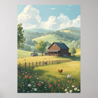 Póster Cabaña Rústica en el Campo con Flores Silvestres 