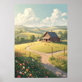 Póster Cabaña rústica en el campo con flores silvestres 