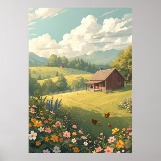 Póster Cabaña Rústica en el Campo con Flores Silvestres 