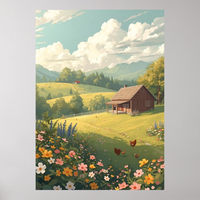 Póster Cabaña Rústica en el Campo con Flores Silvestres  (Frente)