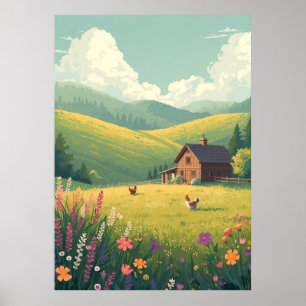 Póster Cabaña rústica en el campo con flores silvestres 