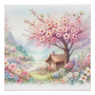 Póster Cabaña rústica linda en acuarela de paisaje floral