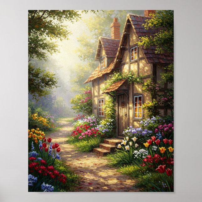 Póster Cabaña Soleada & Flores | Obra Maestra al Óleo (Frente)
