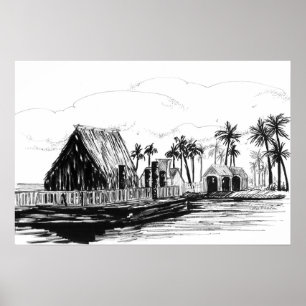 Póster Cabañas de Isla Tropical Palmeras Totems